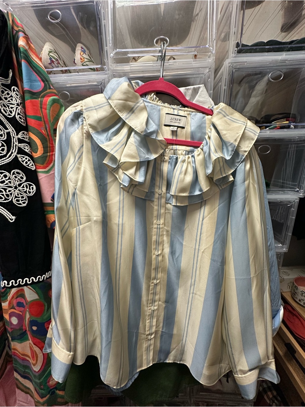 J. Crew Ruffle Collar Striped Blouse in Light Blue and Cream